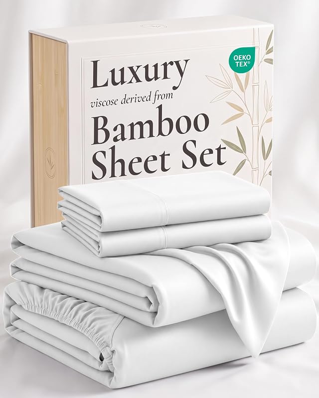 Hotel Sheets Direct Juego de sábanas de 4 piezas tamaño king, 100% viscosa derivada de bambú juego de sábanas con 2 fundas de almohada, ropa de cama de lujo refrescante y transpirable, absorbe la humedad y textura suave y sedosa, color blanco