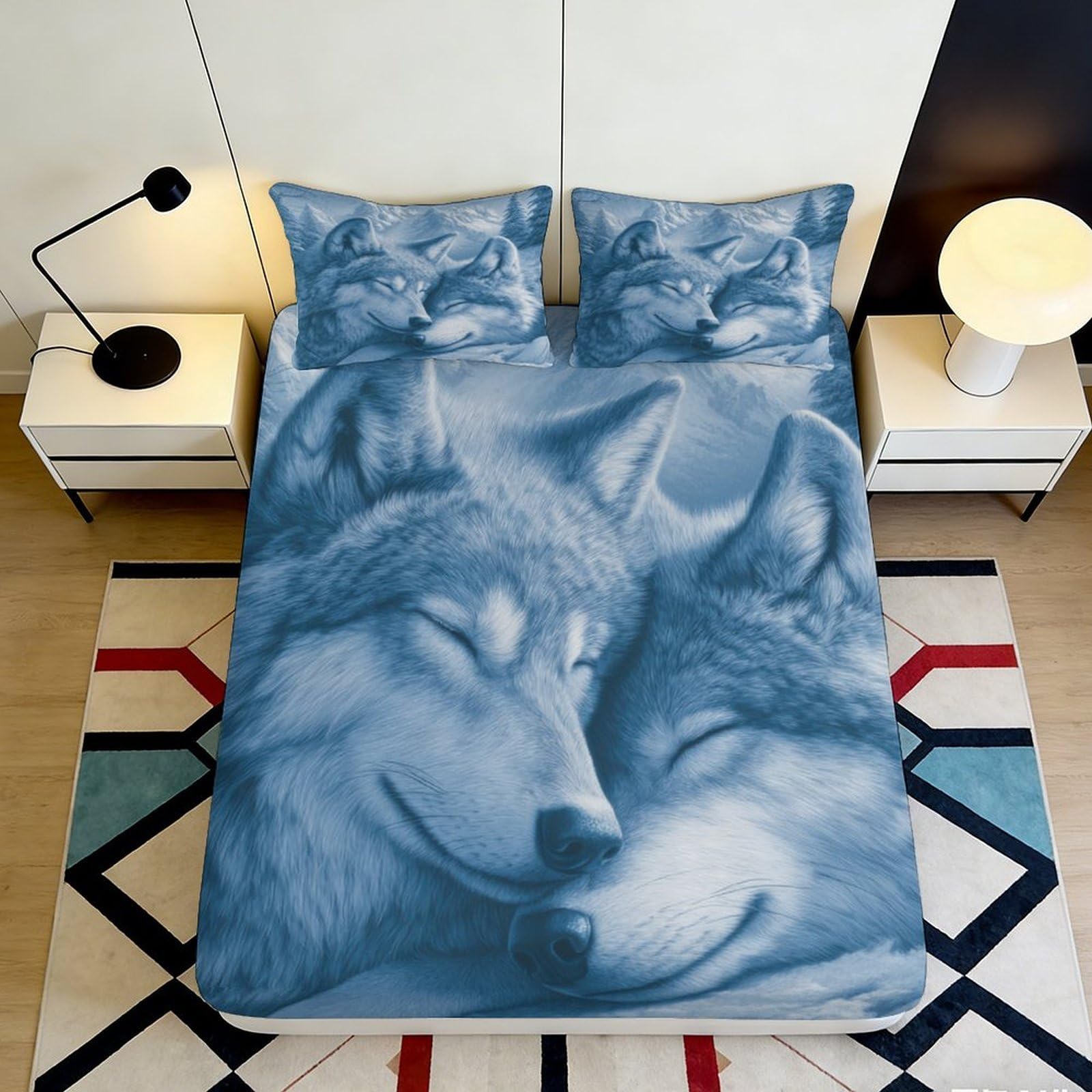 3D Printed Blue Wolf Pattern Fitted Sheet Microfiber Soft Breathable Sleeping Wolves Bed Cover for Bedroom Dormitory Guest Room Mattress Protection 90x200x25cm