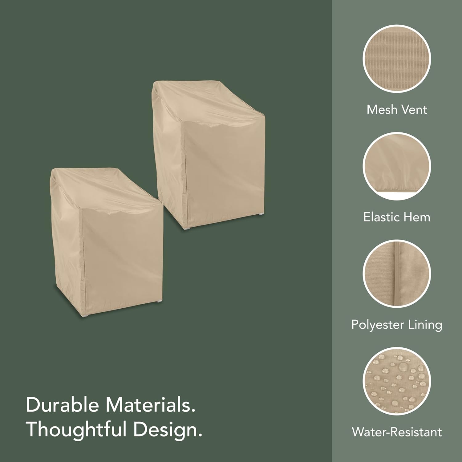 Covermates Classic Outdoor Chair Cover – Heavy-Duty 12-Gauge Vinyl Patio Chair Protector, Weather-Resistant, Elastic Hem, Fits Most Garden & Deck Chairs, 26W x 34D x 35H - Set of 2, Classic Tan