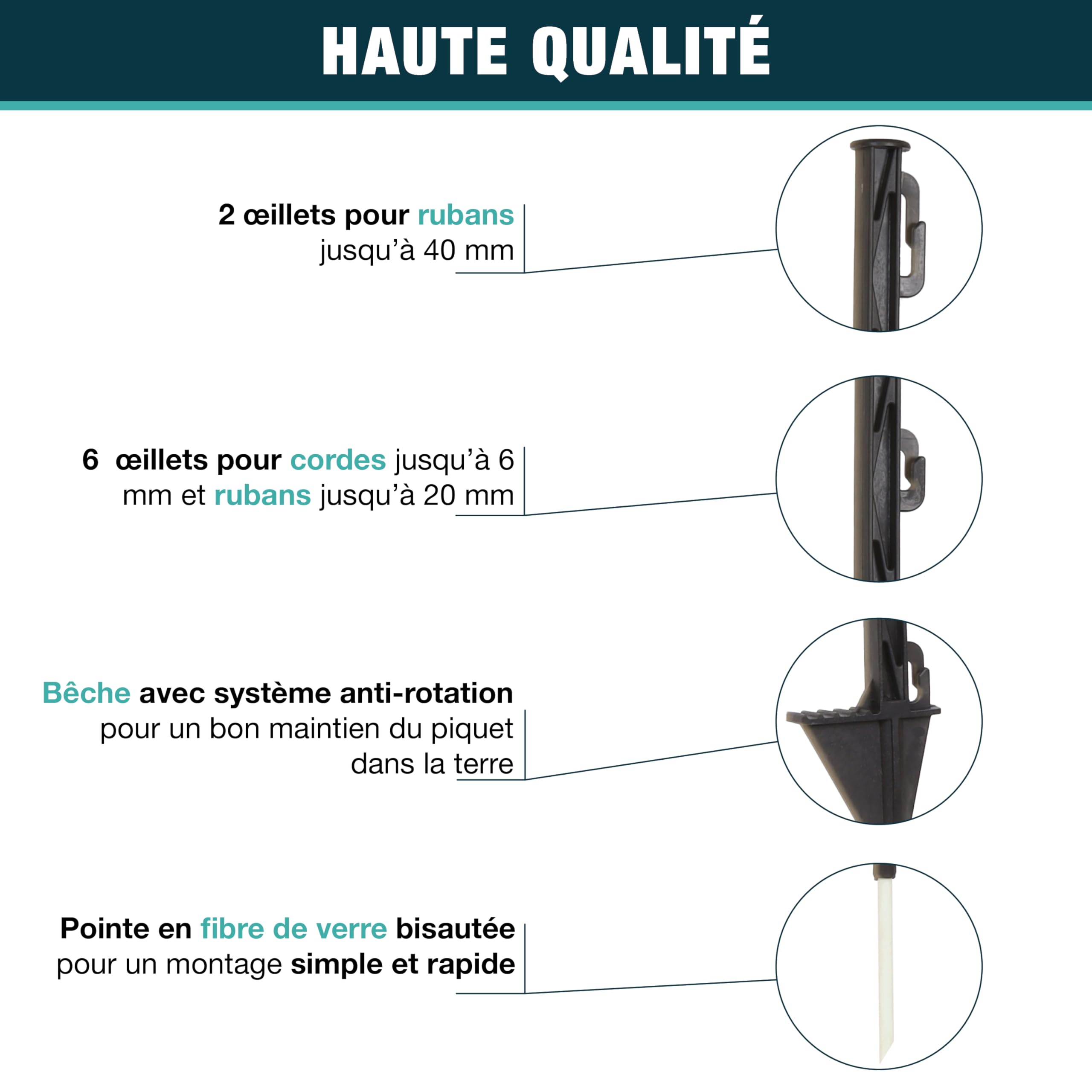 Piquets clôture électrique en Plastique - 10pcs - Hauteur 87cm - Pointe en Fibre de Verre - Noir - Large bêche - Maniable et Robuste - pour Cordons/Fils jusqu'à 6mm et Rubans jusqu'à 40mm