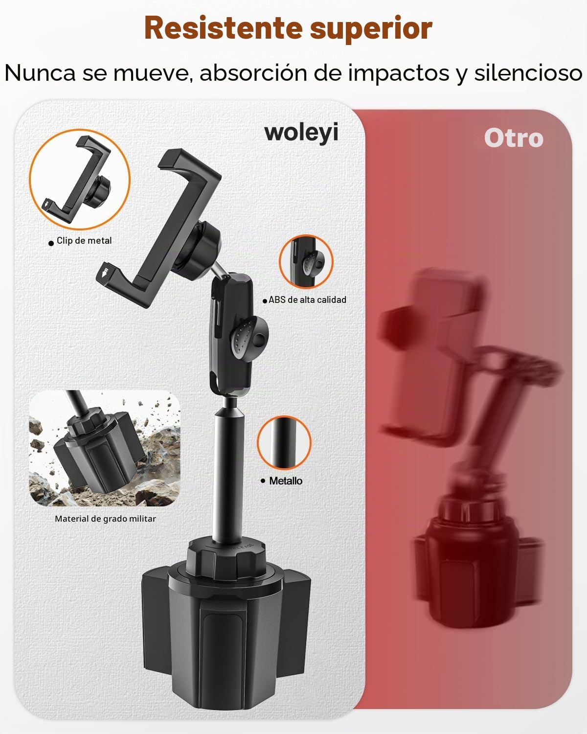 Metal Soporte Móvil Posavasos Coche - Estable Duradero Robusto | Soporte Móvil Taza Coche con Brazo Ajustable de Aluminio para Todos los Teléfonos, iPhone 17 16 15 Pro Max, Galaxy S26, etc