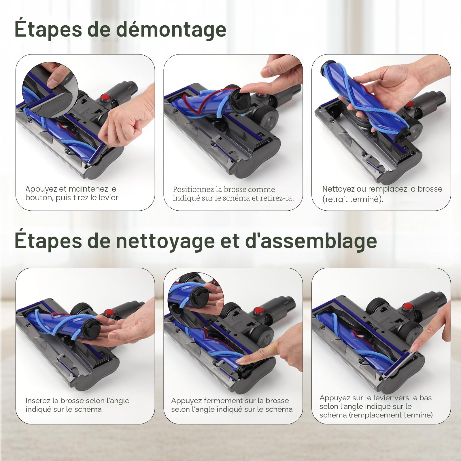 EVARY Pièces de Rechange pour brosses compatibles avec Dyson V7 V8 V10 V11 V15, Brosse de Sol, tête de Brosse remplaçable avec Accessoire à entraînement Direct, pour parquet, sols durs et Tapis