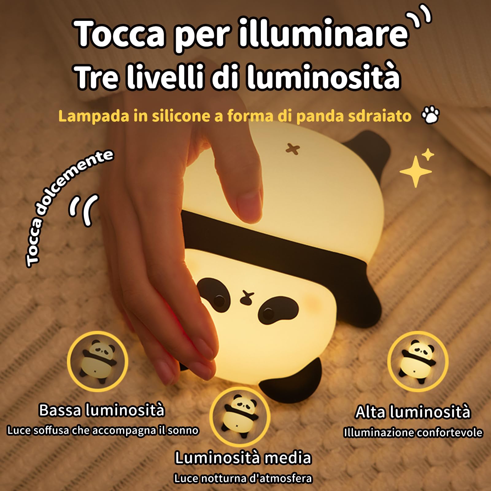 QIRAHQI Panda Luce Notturna Bambini, Ricaricabile USB Con Comandi Touch, 3 Livelli Di Luminosità, Timer Di 30 Minuti, Lampada Panda In Silicone, Lampada Da Comodino Per Decorare La Stanza Dei Bambini