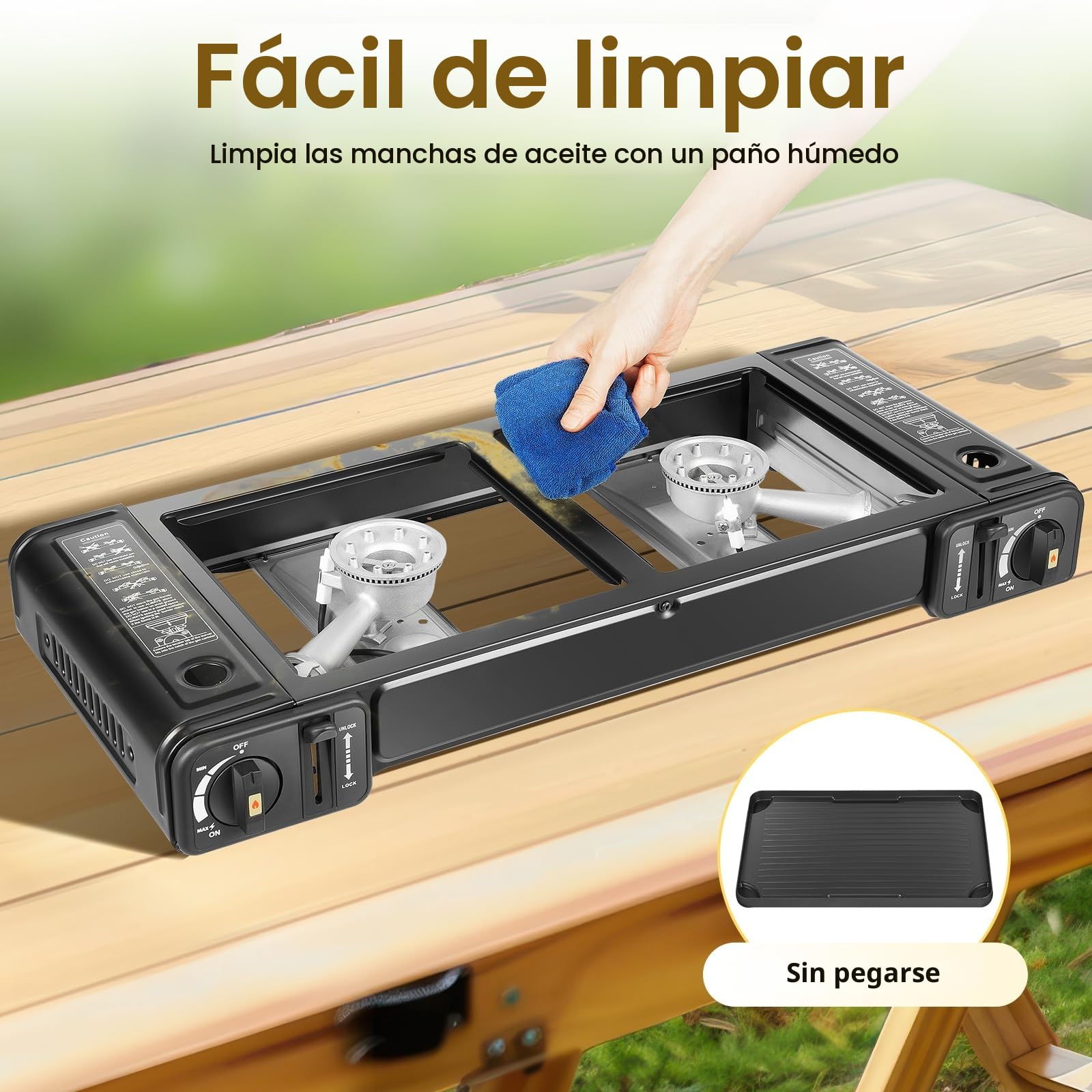Cocina de Gas Portátil 2 en 1, LENDISIY Hornillo Camping Gas con 2 Quemadores y Placa de Parrilla, Hornillo de Gás Portátil, Barbacoa Portátil para Camping, Exterior, Interior y Jardín, Set con Maleta