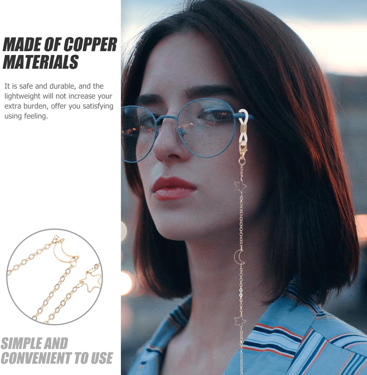 Baluue Copper Glasses Chain Eyeglass Lanyard Lost Holder Necklace for Men Women Stylish Hollow Star Moon Design Eyewear Strap for Glasses and Sunglasses Secure Neck Hanging Accessory