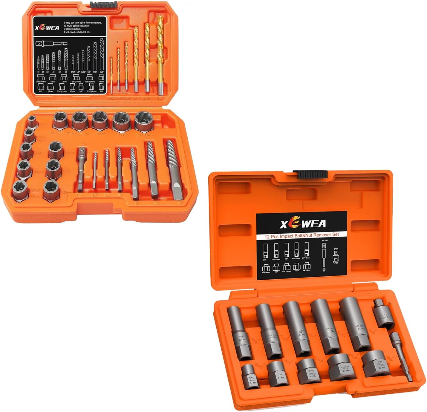 XEWEA 12-Piece Deep and Shallow Bolt Extractor Socket Set and 26PCS Screw & Bolt Extractor with Left Drill Bit Set【with Hex Adapter】, Impact Easy Out Tools Stripped Screw Remover EZ Out Socket Tool