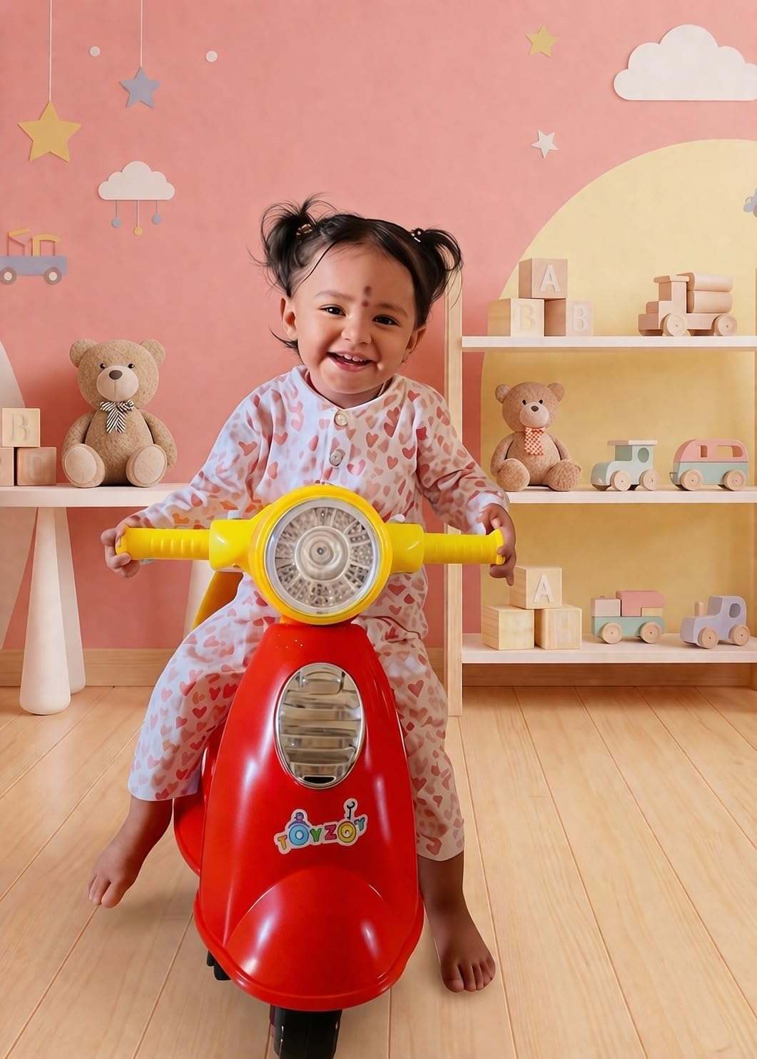Toyzoy Shooter Scooter Manual Push Ride On with Music & LED Headlight for Kids|Boys|Girls Age 1.5 to 3 Years|Carrying Capacity 25kgs (Red & Yellow)