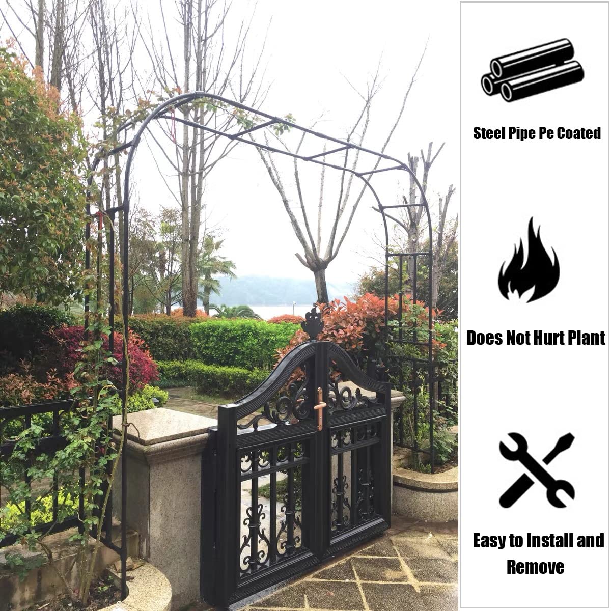 Rosenbogen aus Metall, 180 cm, schwarz, Pergola-Laube für Kletterpflanzen, Gartendekoration
