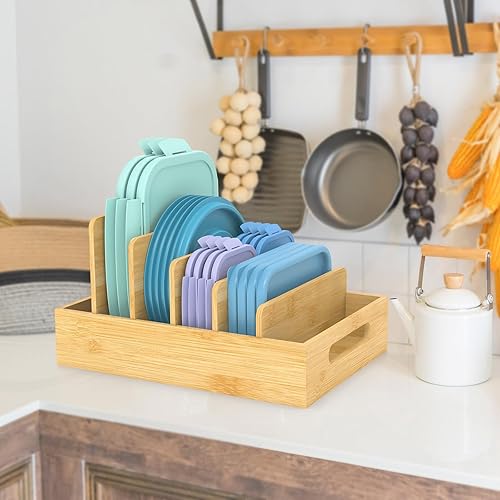 Miniatura 6 de Retro Shaw Organizador de tapas para contenedores de alimentos con separadores altos, organizador de tapa de bambú para tapas y cubiertas de