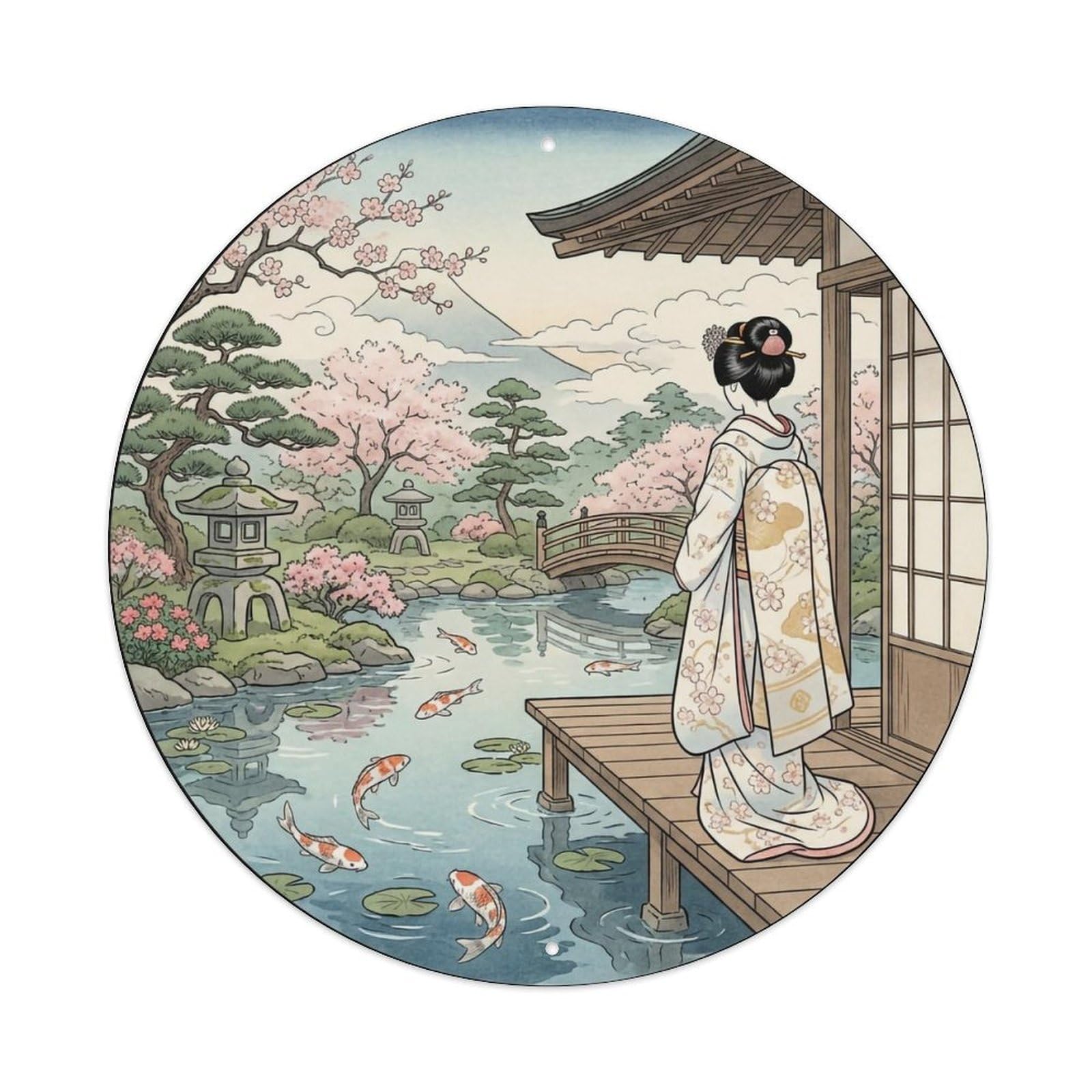 Yrnq 8X8inch Vintage Style Japanese Kimono Lady Tea House Garden Tranquil Ornament Metal Tin Sign
