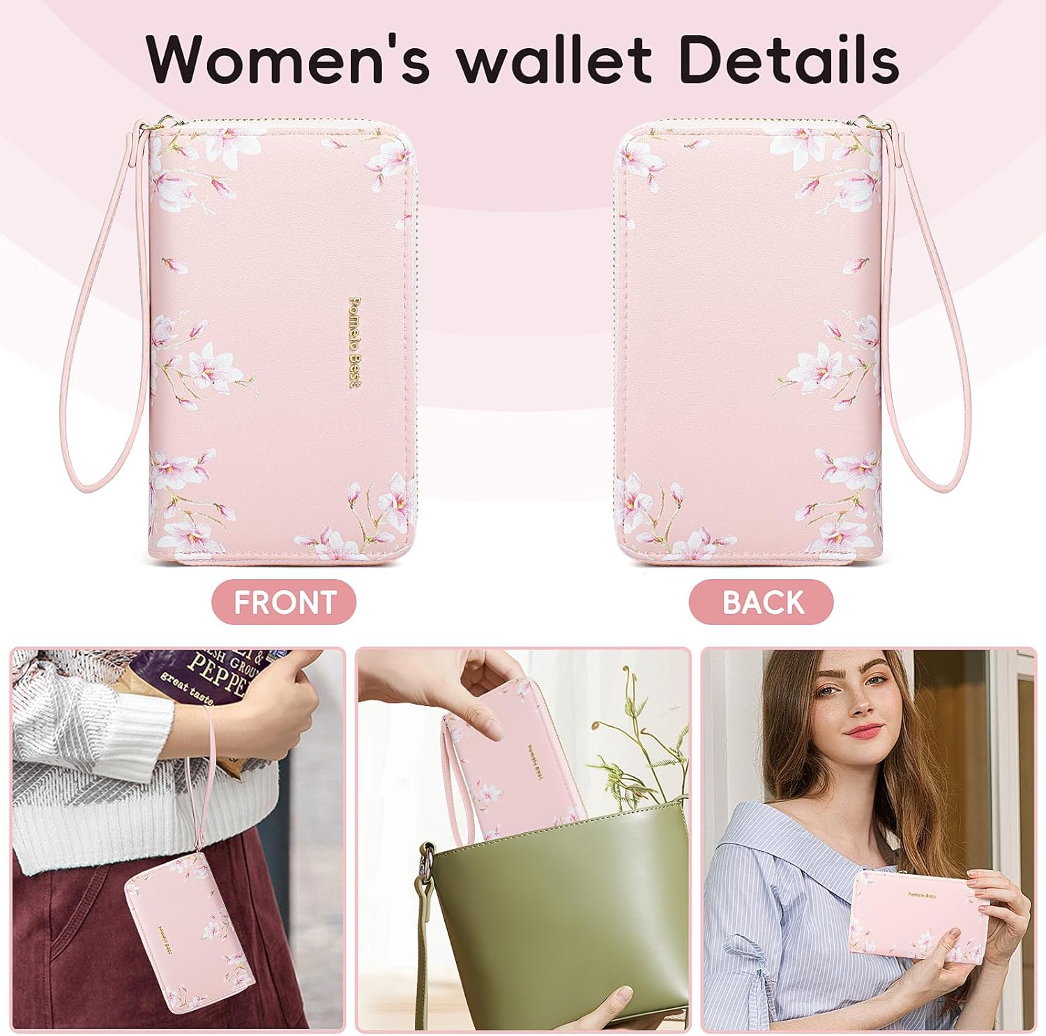 Pomelo Best Womens Wallet Leather RFID Blocking Credit Card Holder with Coin Pocket Zip Around Wristlet Medium Purse for Ladies Pink 2025 - Image 7