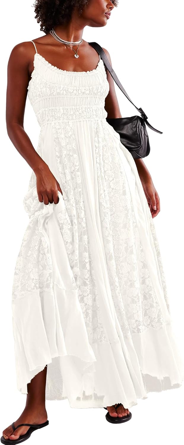 Gacaky Summer Dress for Women Casual Lace Floral Embroidered Bohemian Maxi Dress Flowy A Line Beach Long Dress