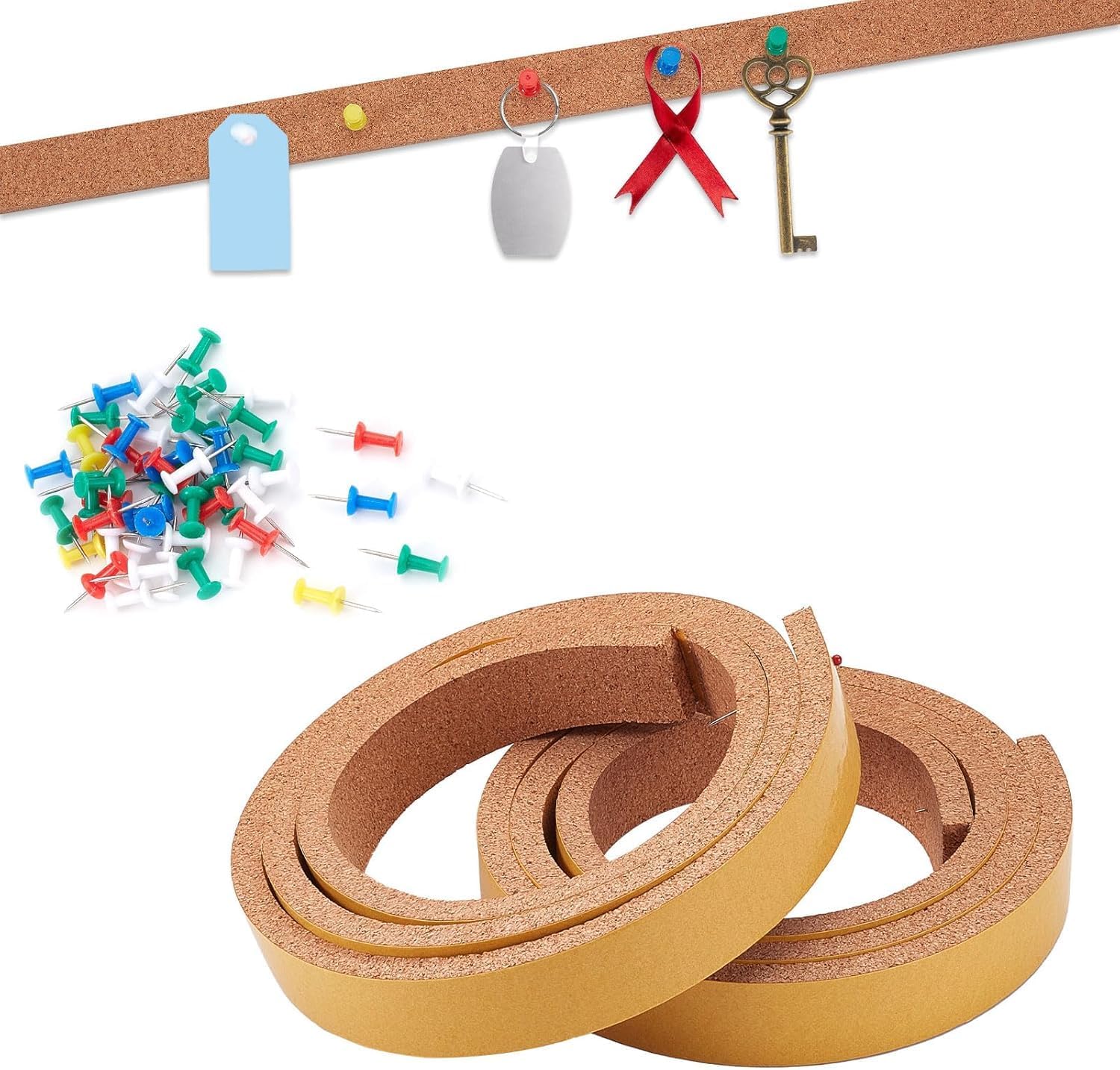 KASTWAVE Cork Bulletin Board, 2 Rolls Rectangular Frameless Multipurpose Cork Batten Strips with 50 Pushpins for Office, School,Home Memo or Decoration