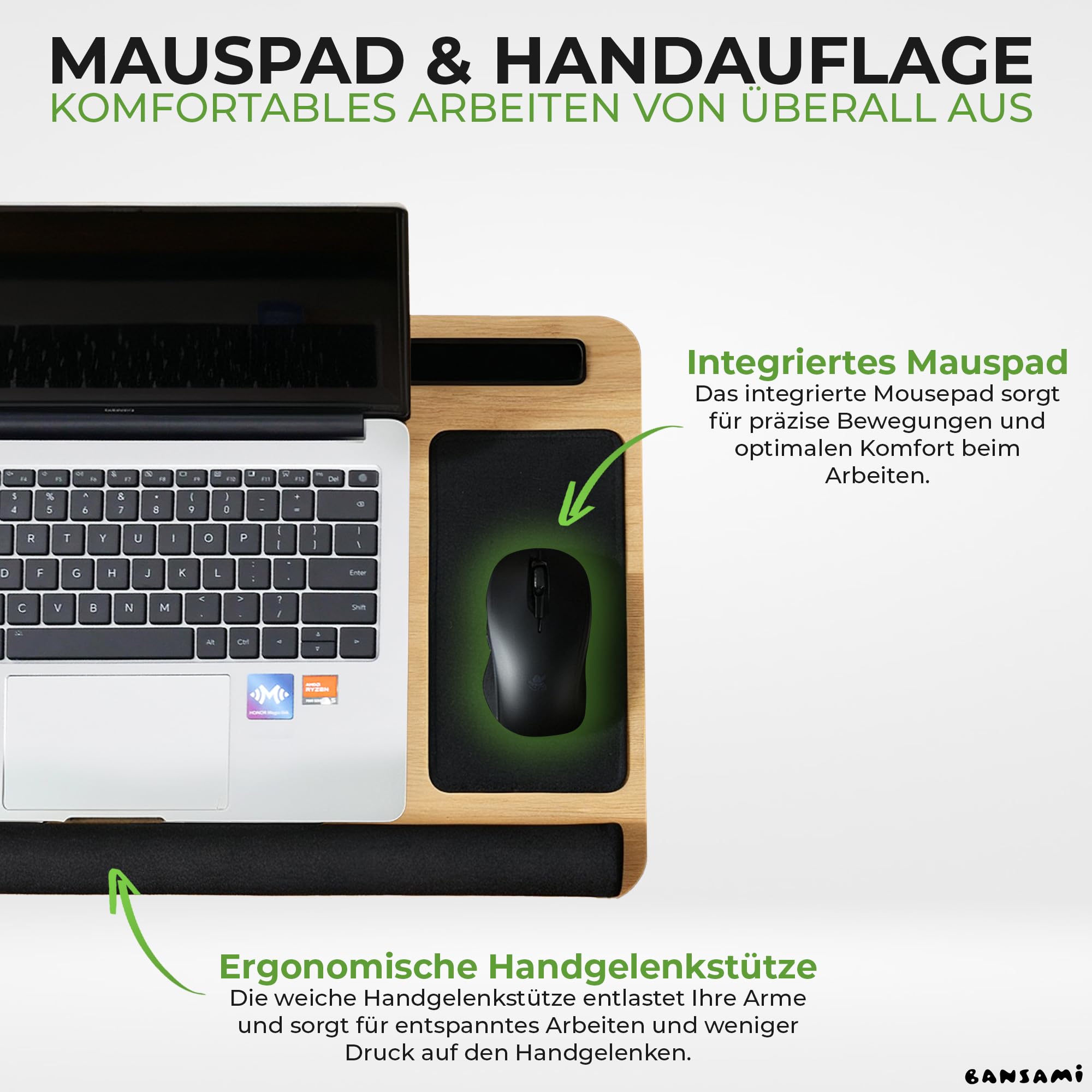 Knietablett Mit Kissen Aus Bambus, Verstellbare Laptop Unterlage Mit Handyhalter Und Mousepad, Laptop Unterlage Schoß Mit Handauflage, Lap Desk Laptopkissen Lapdesk Notebook