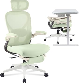 FLEXISPOT Foldex Ergonomic Office Chair, Folding Chair for Small Spaces with Lumbar Support, Flip-up Armrests, 3D Headrest, Desk Chairs with Footrest for Work,Video Game Foam Seat, Green