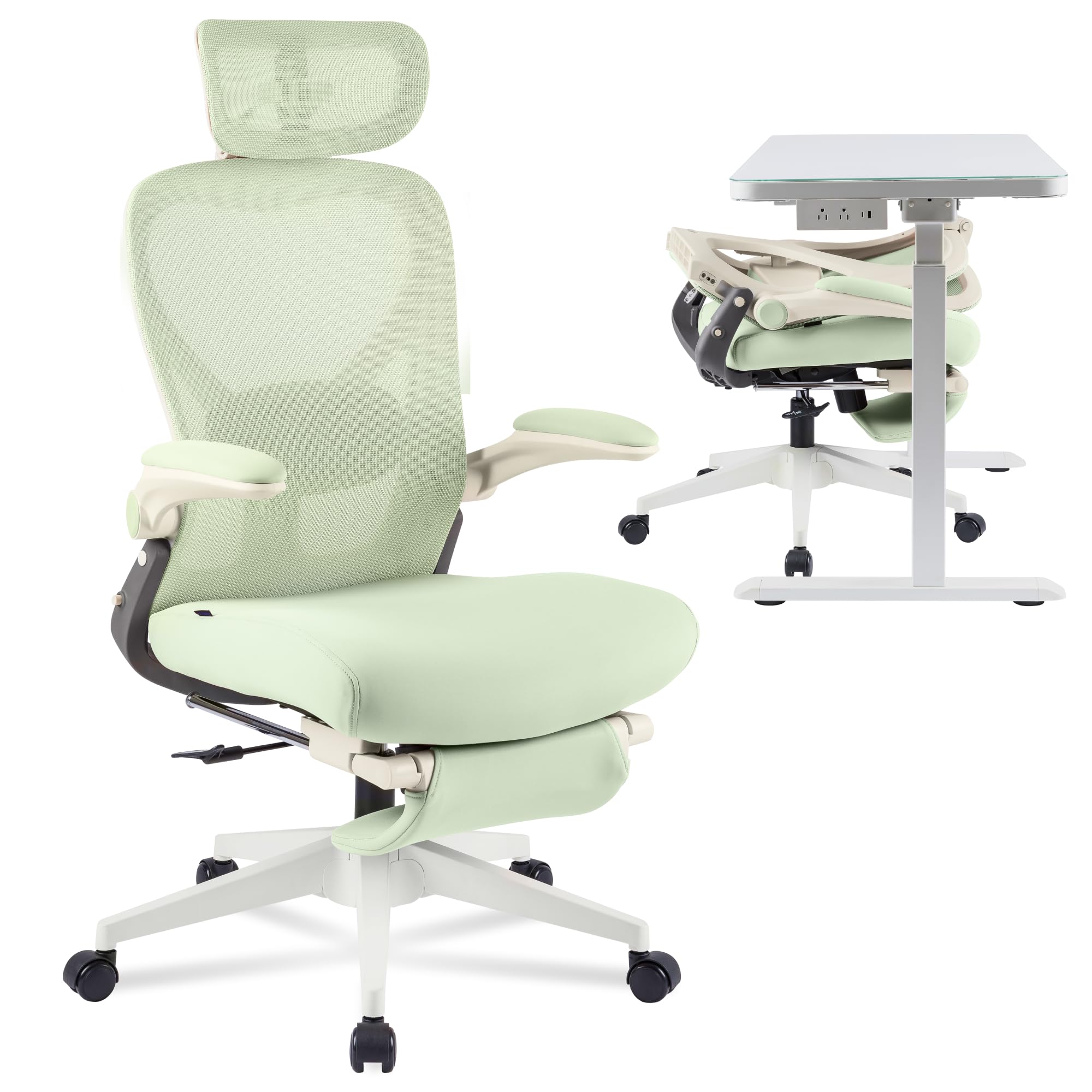 FLEXISPOT Foldex Ergonomic Office Chair, Folding Chair for Small Spaces with Lumbar Support, Flip-up Armrests, 3D Headrest, Desk Chairs with Footrest for Work,Video Game (Foam Seat, Green)