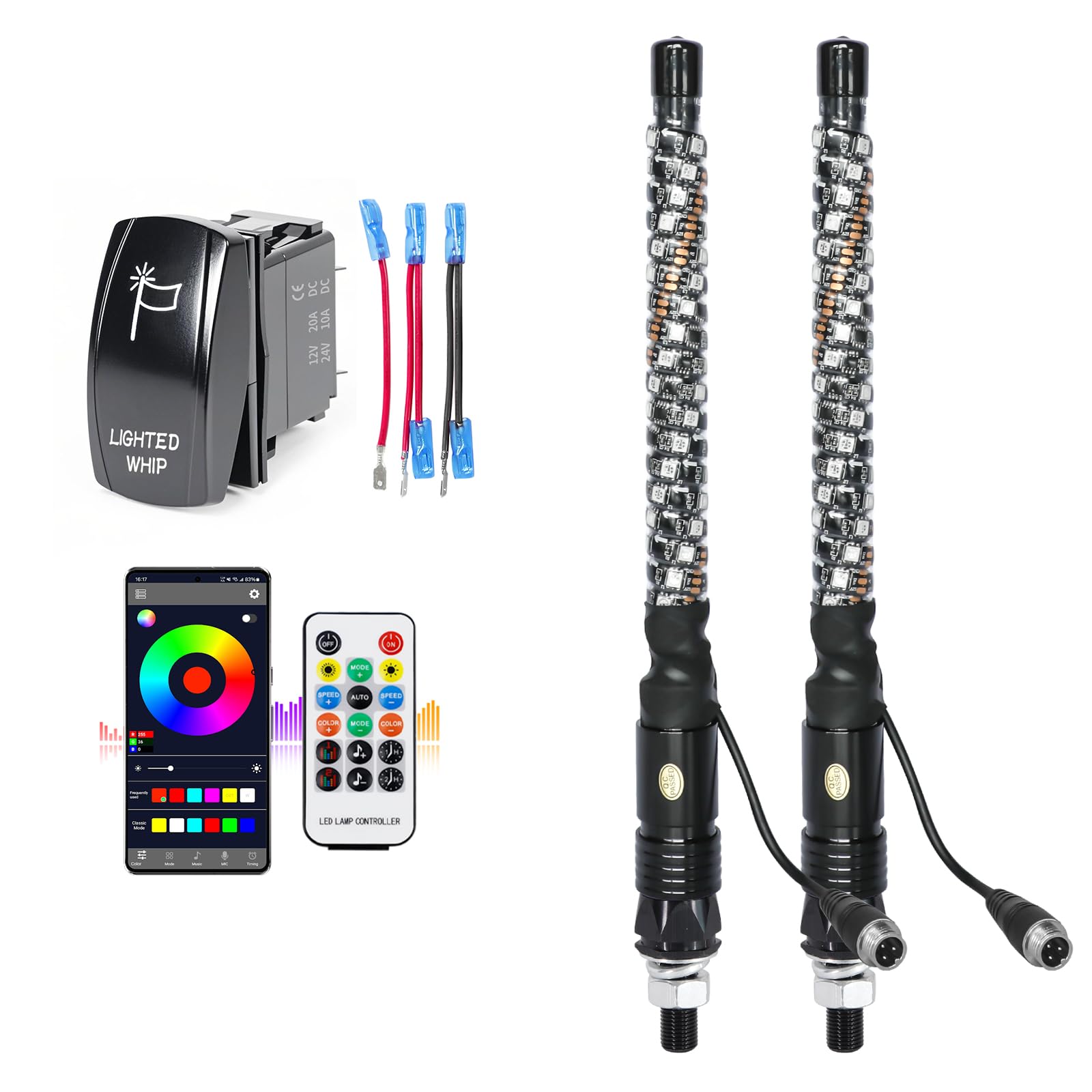 UNI-SHINE 2PCS 1FT LED Whip Lights with RGB Chasing Lights with APP &amp; Remote Control, Music Antenna Whip Light for Can-Am UTV ATV RZR Can-Am SXS Polaris Offroad Truck