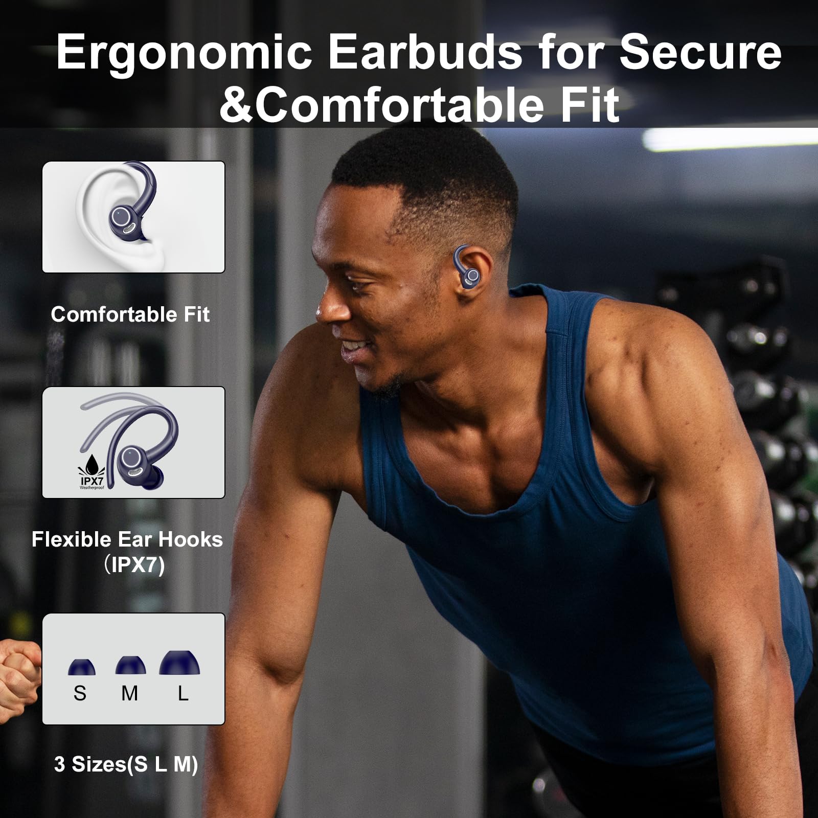 Csasan Ecouteurs Bluetooth sans Fil Sport, 48H Écouteurs Bluetooth 5.3 avec CVC8.0 Antibruit, IP7 Étanche Oreillette Bluetooth Contrôle Tactile, Écran LED Casque Bluetooth Bleu Foncé