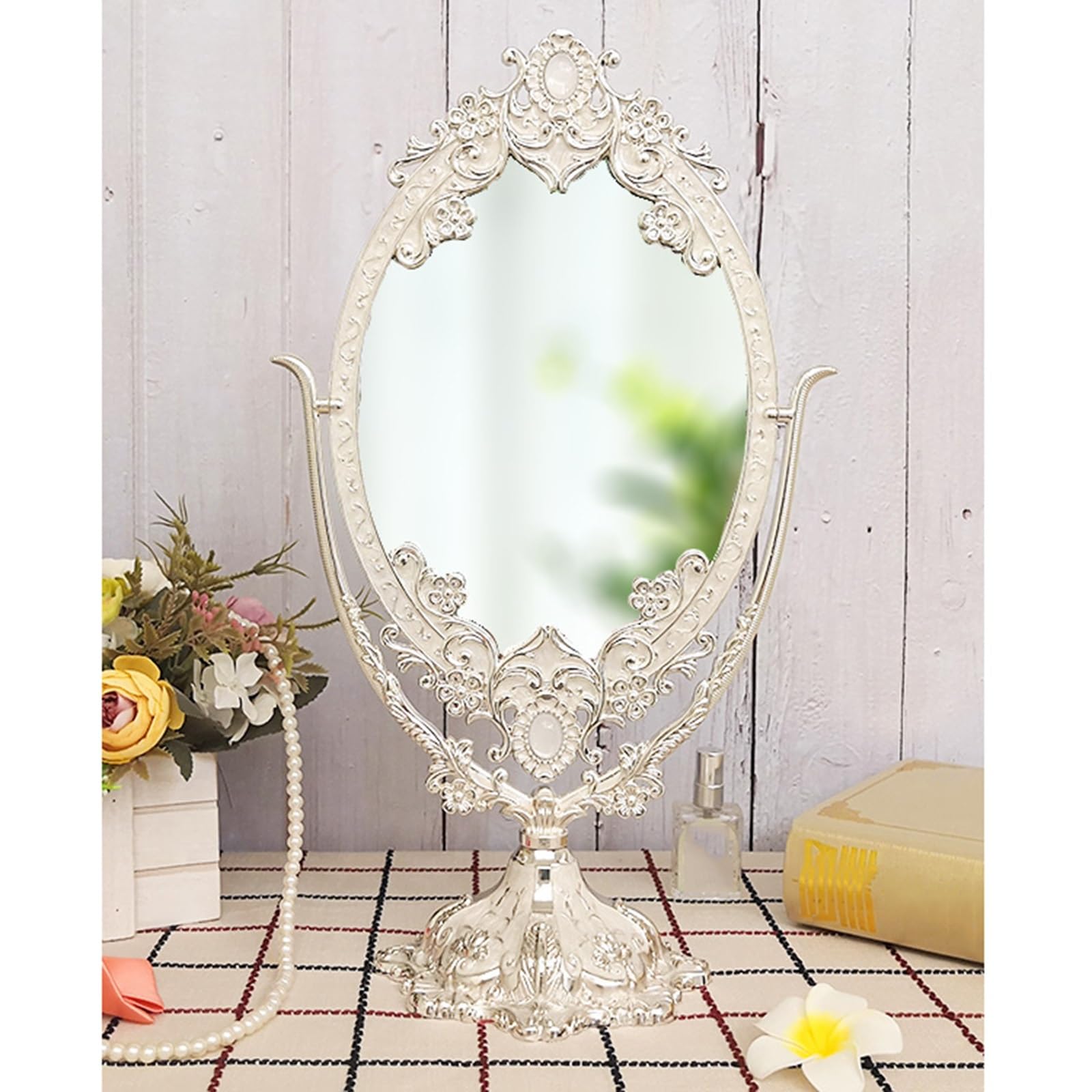SDCFFC 1Pcs, Tabletop Makeup Mirror, Vintage Standing Vanity Mirror, European Style Carved, Inlaid Jade