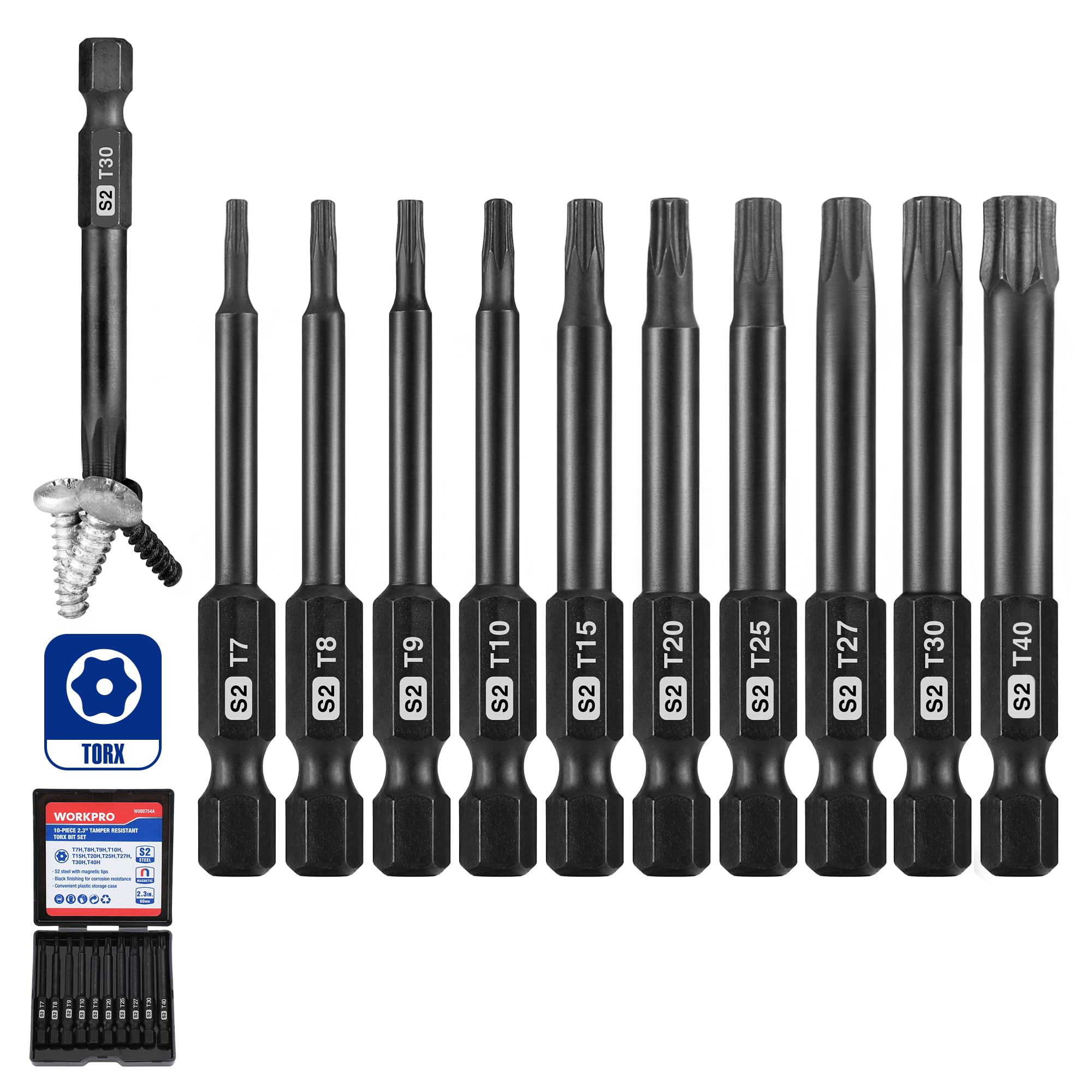 WORKPRO 10pcs Security Torx Bit Set, CNC Machined S2 Steel Star Bit Set, 2.3" Long Tamper Proof Torx Screwdriver bit with Magnetic Tips, Tamper