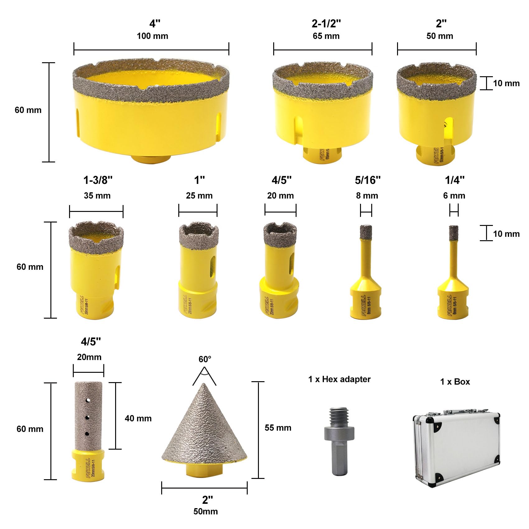 FEWELL Kit di seghe a tazza diamantate per piastrelle con punta diamantata da 5/8-11, set di punte diamantate (6/8/20/25/35/50/65/100 mm+punta a dito da 20 mm + punta per smussare 50 mm) per