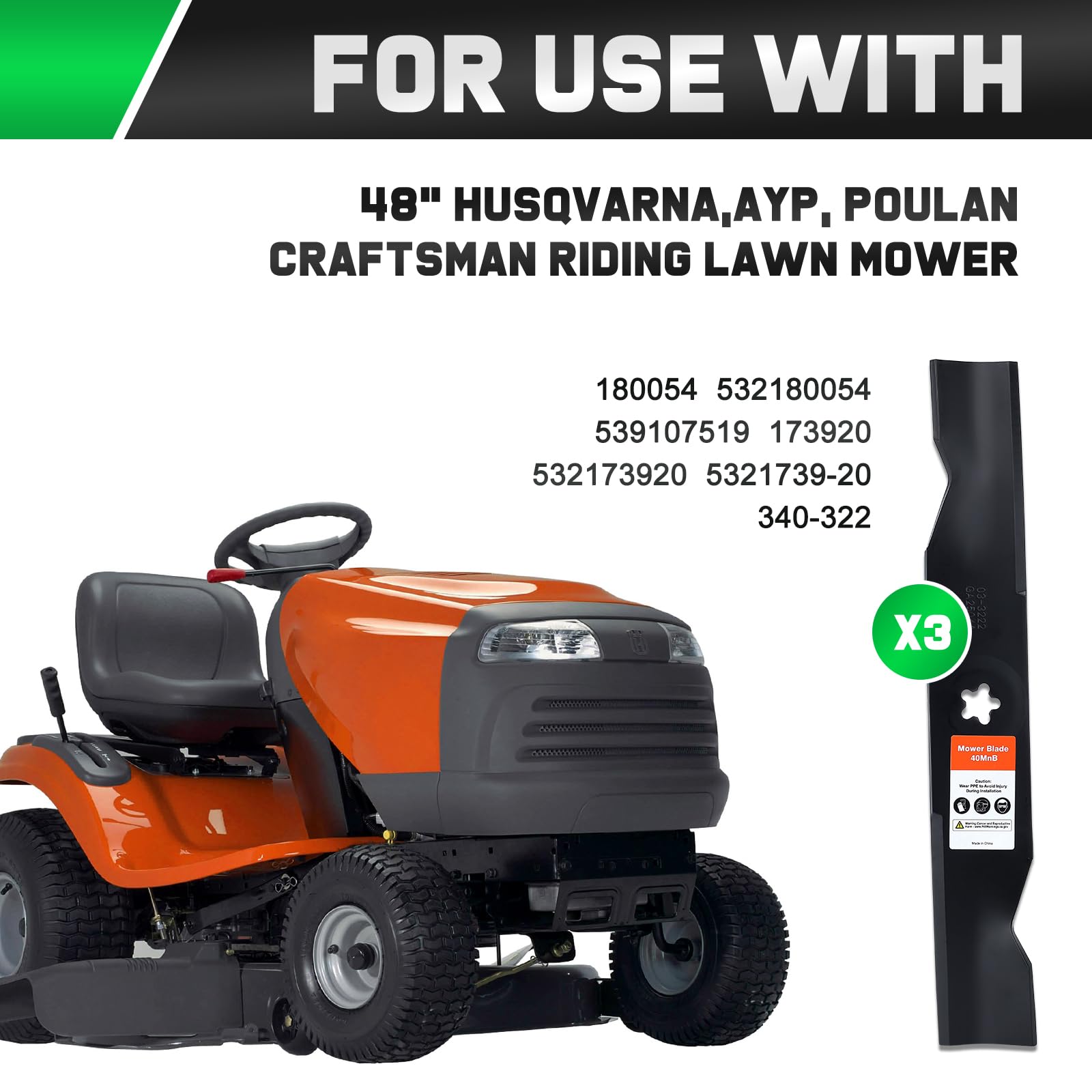 Grasscool Cuchillas de cortacésped Z248F de 48 pulgadas para Hus qvarna 532180054 YTH2348 YTH24V48 YTH2148 YTH24K48 Z248 YTH2448 Craftsman Poulan 180054 17392 0 (elevación alta)