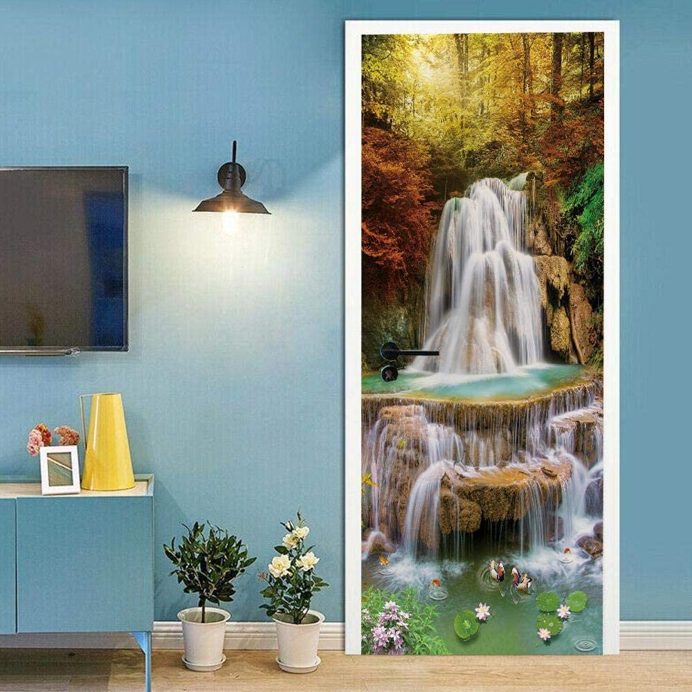 3D Door Stickers for Interior Doors Beautiful Scenery of Forest Waterfall 90 X 200 Cm Vinyl Waterproof Self Adhesive Door Mural Decals for Bedroom Office Bathroom - Children's Room Boys and Girls Roo