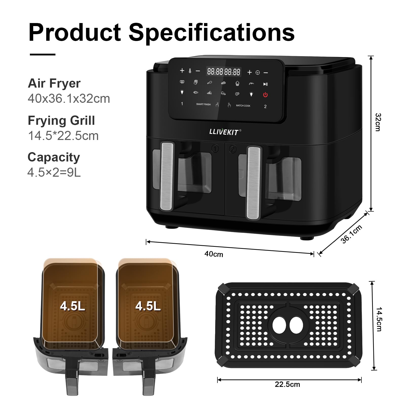 LLIVEKIT Frytkownica na gorące powietrze Dual Zone z okienkiem, 9 l, XXL, bez tłuszczu, z ustawieniami gotowania 9 w 1, 2 szuflady, ekran dotykowy, funkcja Smart i timer, zdrowa i niskotłuszczowa | 9 w 1, piekarnik XXL bez oleju, piekarnik na gorące powie