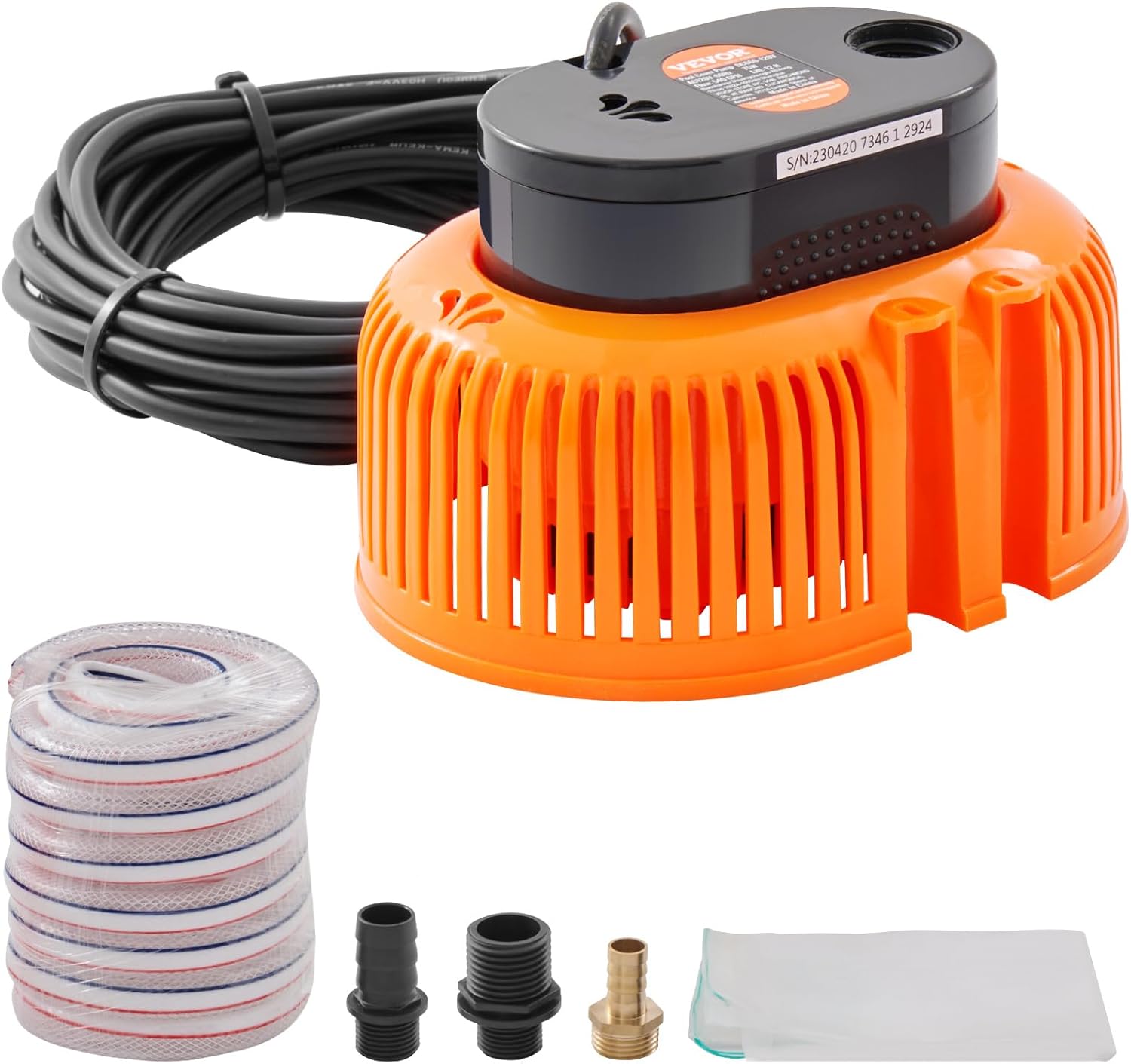VEVOR Automatic Pool Cover Pump, 1/10 HP 75W 540 GPH, 120V Submersible Swimming Pool Cover Pump, Water Removal Pump with 3 Hose Adapters 16 ft Drainage Hose & 25 ft Power Cord, for Pool Draining 1/10 HP 540 GPH