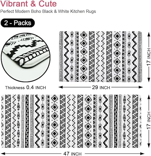 Miniatura 6 de INFISIBLE Juego de 2 alfombras y tapetes acolchados de estilo bohemio azteca en blanco y negro para cocina, antideslizantes, lavables, geométricos