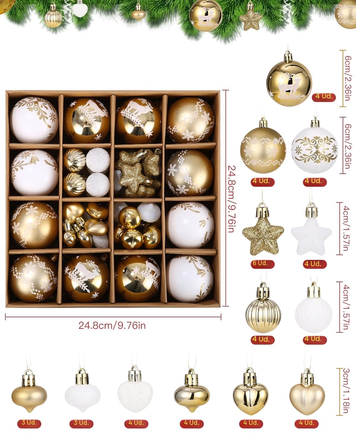 52 Piezas Bolas de árbol,Navidad Inastillable Bolas Plastico Adornosadecuadaspara el Hogar Festival,adecuadas para interioresy exteriore,Navidad