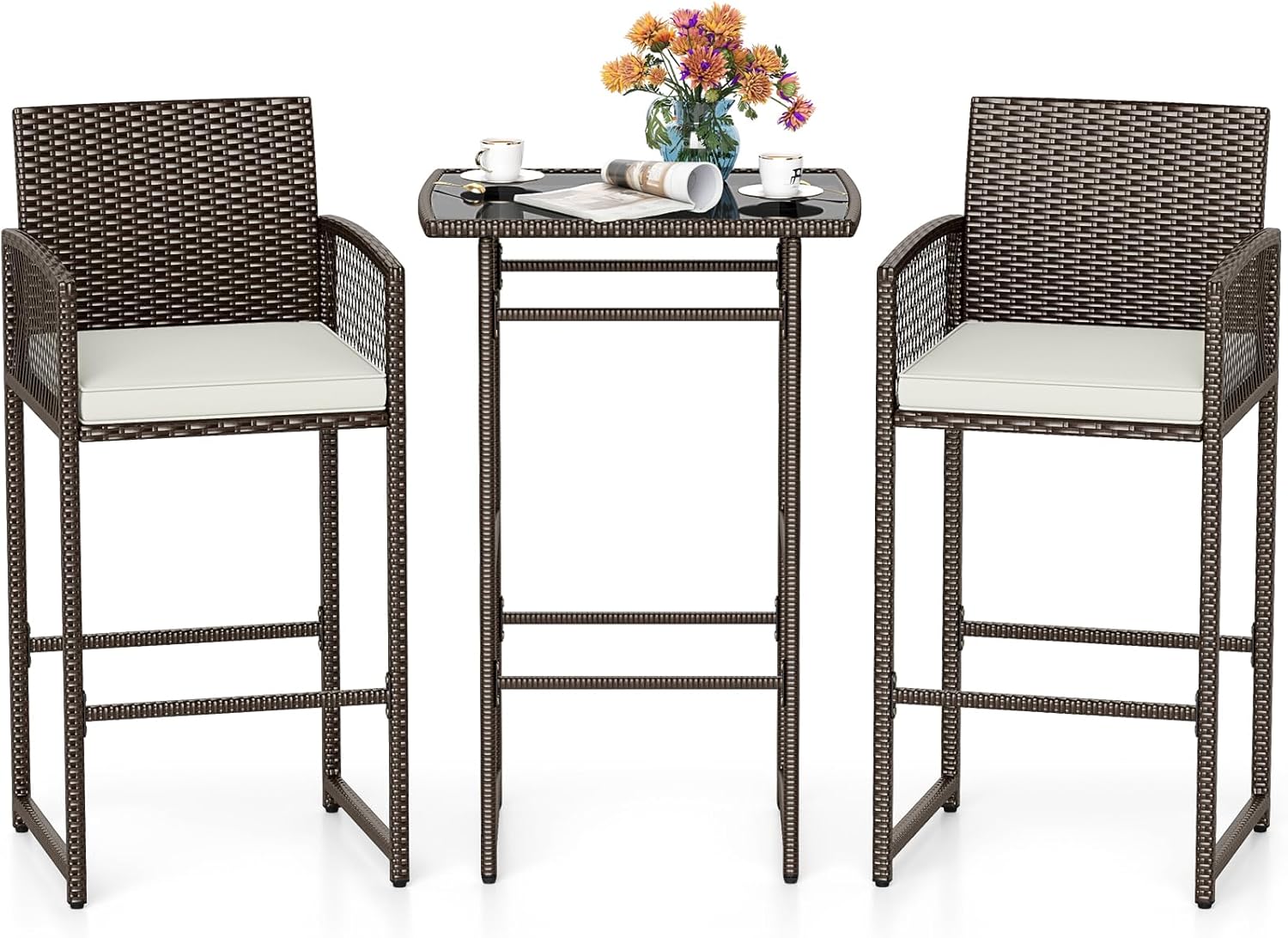 Tangkula 3 Piece Patio Bar Set, Outdoor Wicker Bar Height Heavy Duty Metal Table & Cushioned Armchairs, for Backyard, Poolside, Porch and Bistro