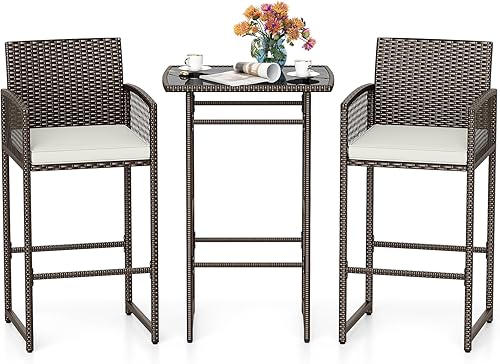 Tangkula Juego de barra de patio de 3 piezas, mesa de metal de altura de barra de mimbre para exteriores de servicio pesado y sillones con cojines,
