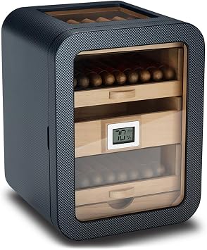 Electric Cigar Humidor Cabinet, Temperature and Humidity Control for Up to 110 Cigars, Cedar Wood Shelves with Hygrometer and Transparent Window Carbon Fiber Pattern with sunroof