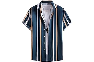 Men's Color Block Striped Print Short Sleeve Button Up Casual Shirt
