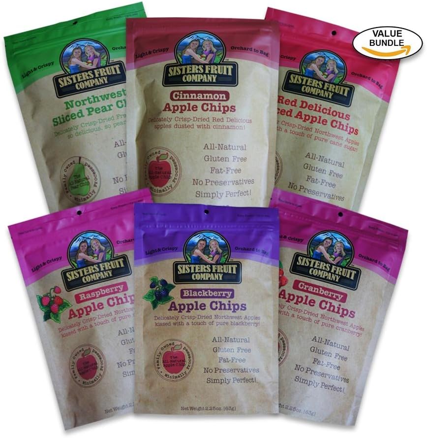 Sisters Fruit Company, USDA Grade A Apple Chips and Pear Chips, Gluten Free, All Natural, 6x2.25 oz. (Assortment 6 Pack)