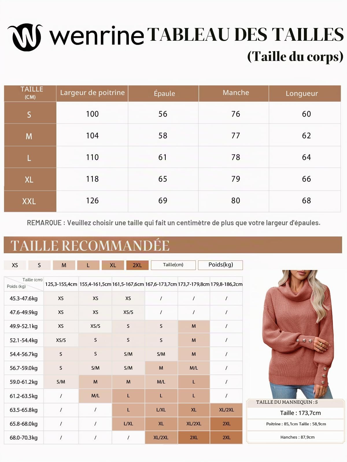 Wenrine Pull à col roulé pour femme - Manches longues - Décontracté - Chaud - Tricoté avec boutons en métal