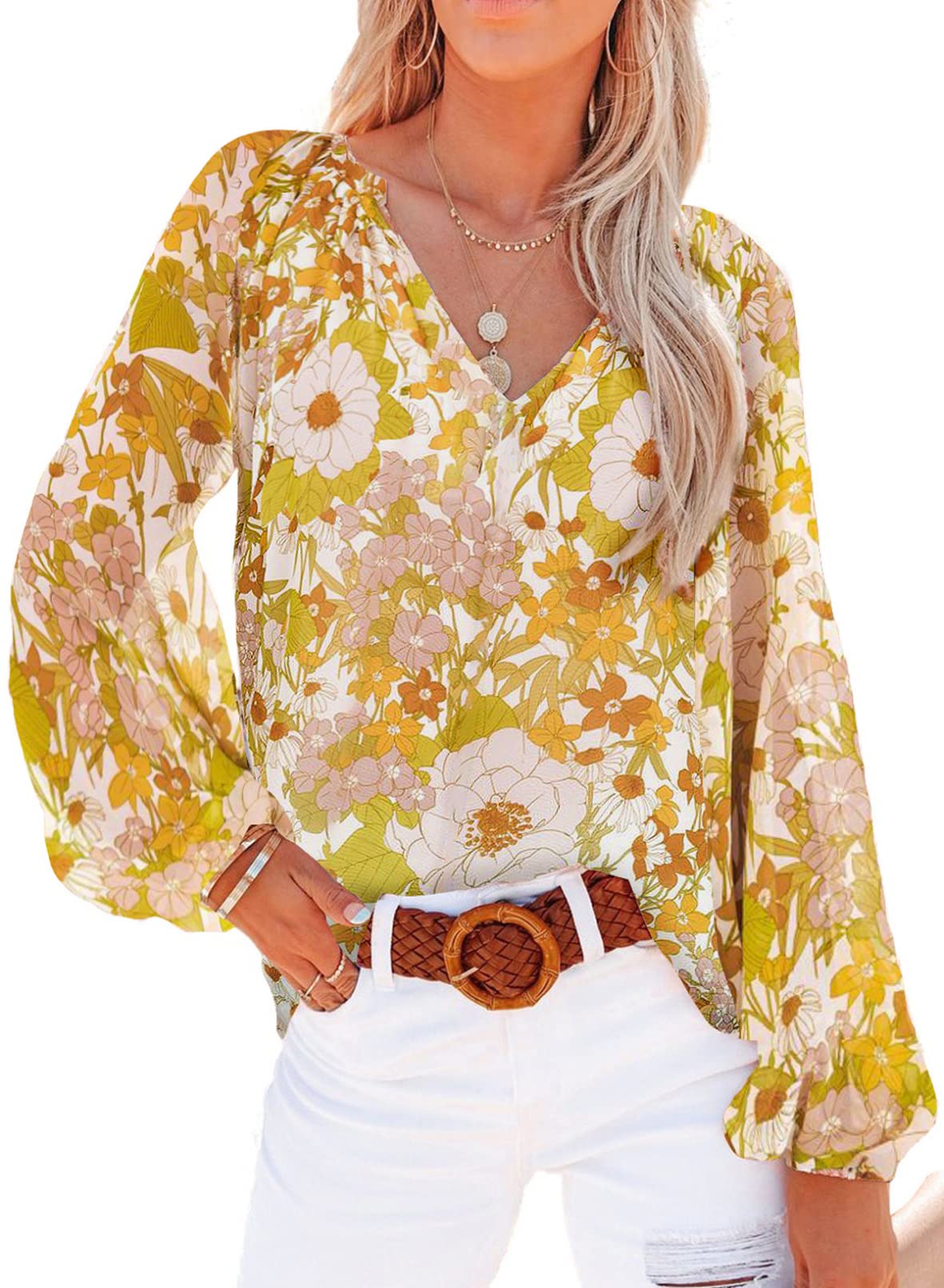 SHEWIN Women's Casual Boho Floral Print V Neck Long Sleeve Loose