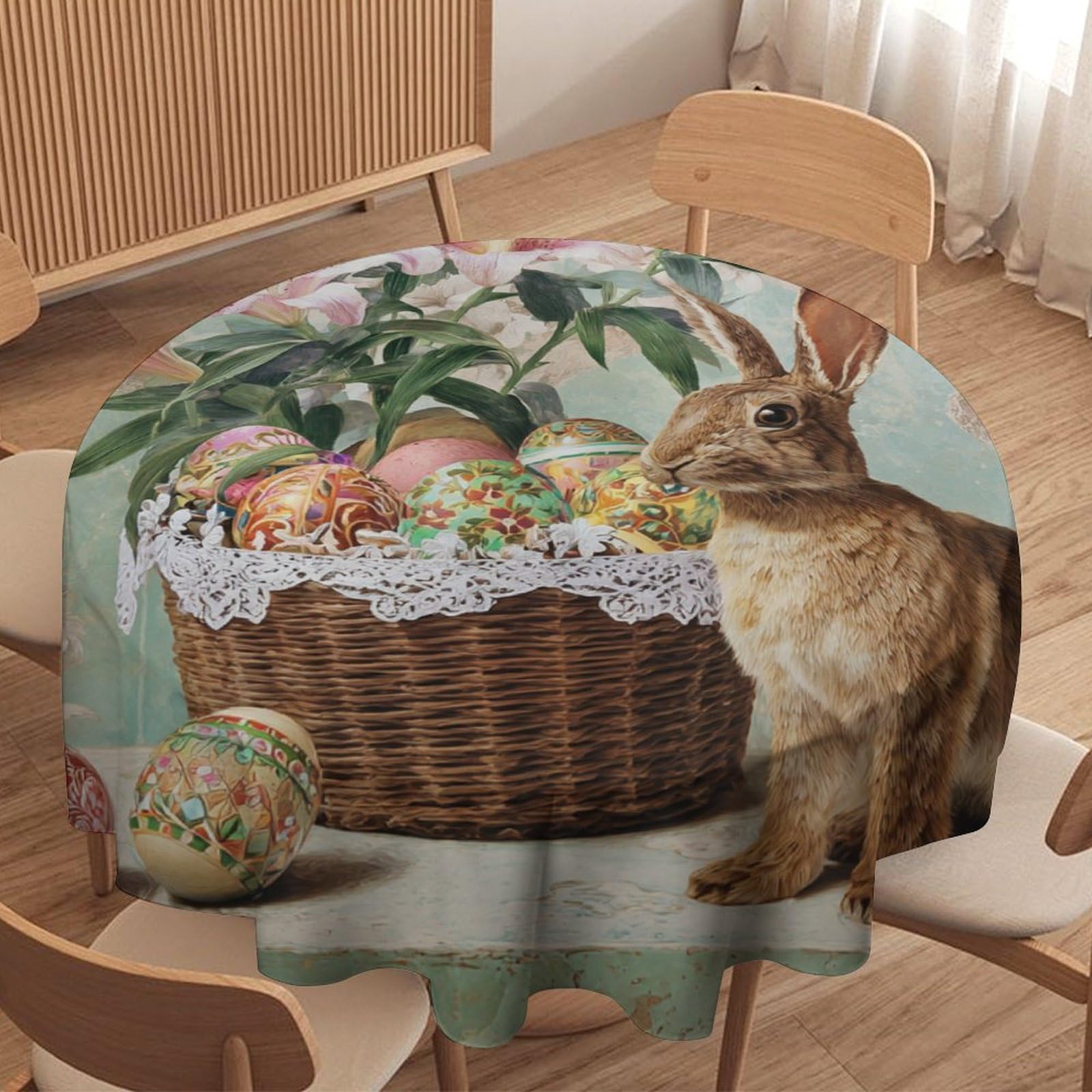 LUYYSKY Classic Aesthetic Cute Rabbit Round Tablecloth Vintage Art Easter Animal Bunny Plant Lilies Colorful Eggs Washable Decor for Table Cover for Kitchen-152.4" Wx152.4 L cm