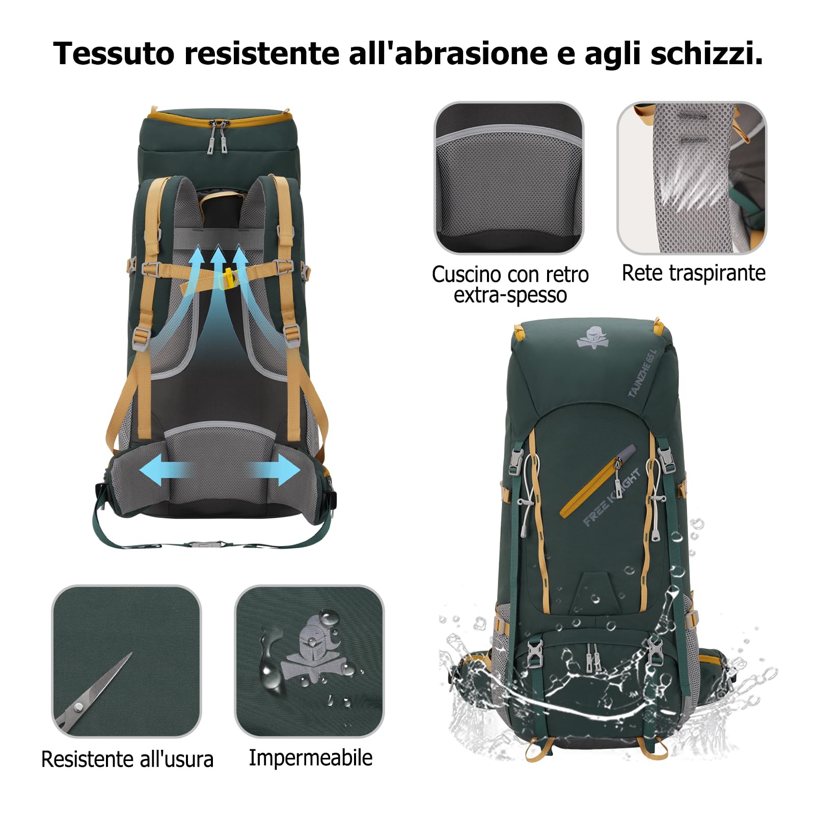 65L Zaino da Trekking Grande Outdoor Impermeabile Zaini Resistente con Copertura per la Pioggia Donna Uomo Backpack per Escursionismo Campeggio Arrampicata Viaggio Blu