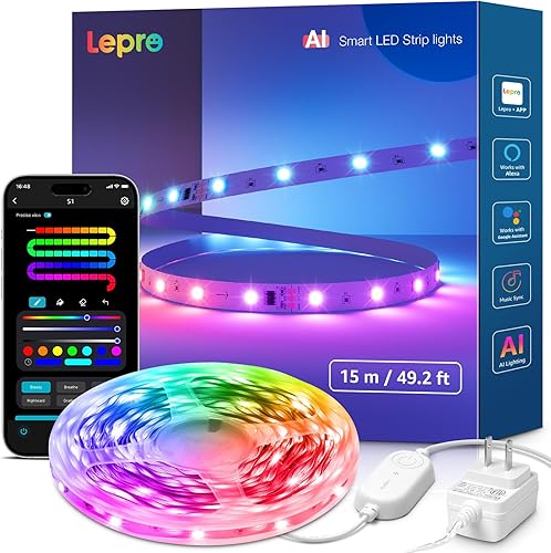 Miniatura 9 de Lepro S1 - Tira de luces LED AI para dormitorio, tiras de luz RGB inteligentes de 16.4 pies con efectos de persecución IC y arcoíris, segmento de