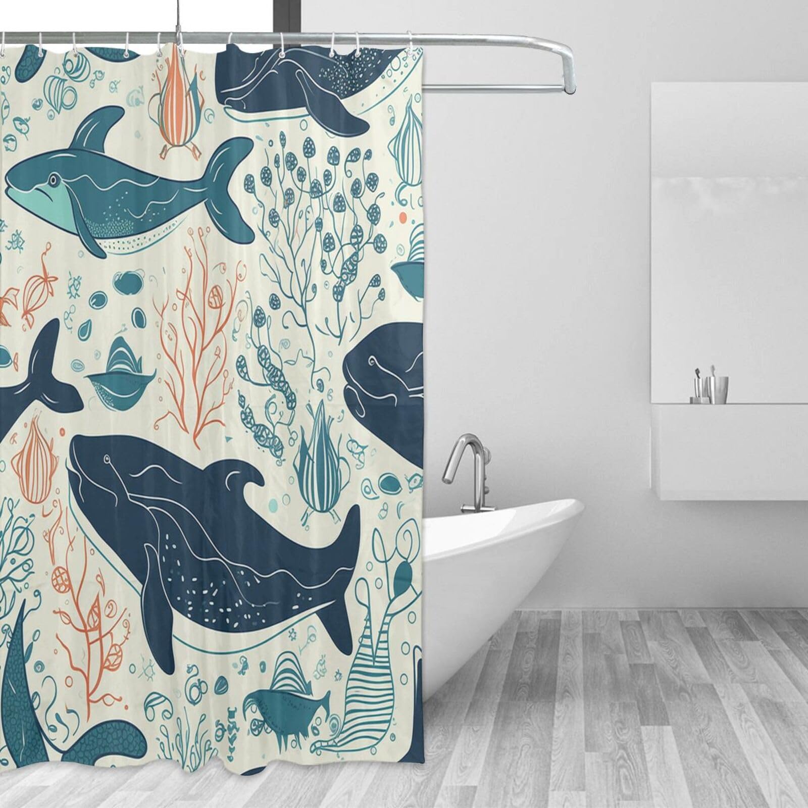 Rideau de douche 183x183 cm imperméable tissu anti moisissure décor baleine océan