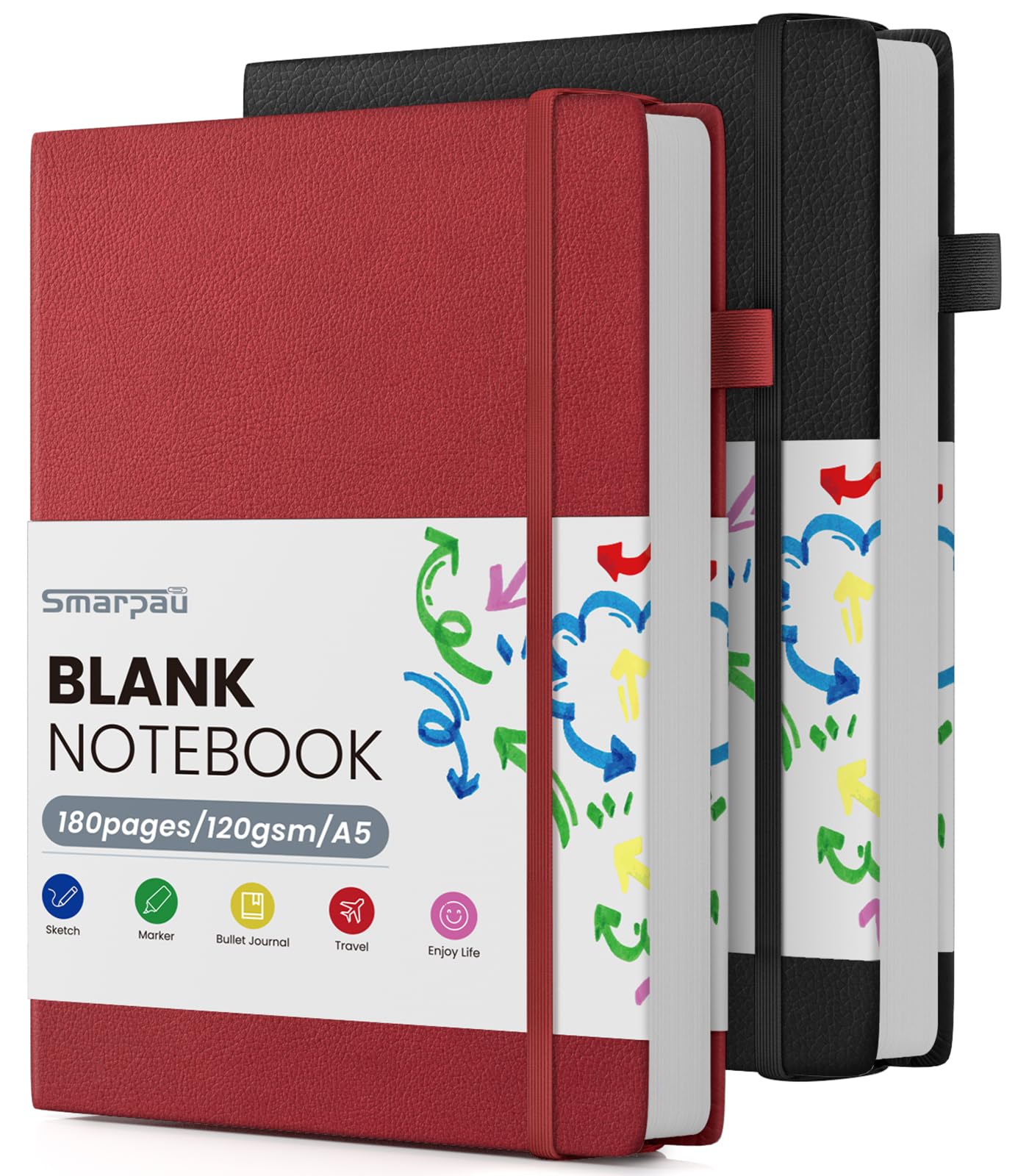 Smarpau 2 Pack Plain Notebook A5, Hardback Notebook with 120gsm Premium Unlinedd Paper, 360 Pages Blank Journal for Sketching, Notepad for School Travel Writing - Black Red
