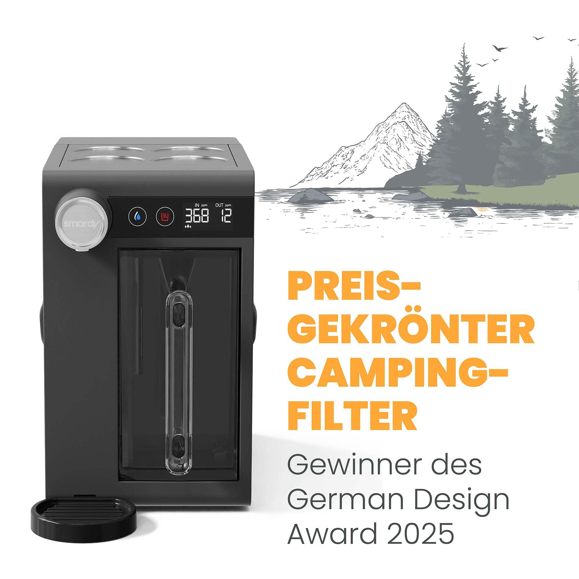 smardy blue CampingBar genius, mobile Osmoseanlage für Camping & Wohnmobil | Netz-, 12/24V- und Powerbank-Betrieb, Heißwasser bis 95 °C – ausgezeichnet mit dem German Design Award 2025