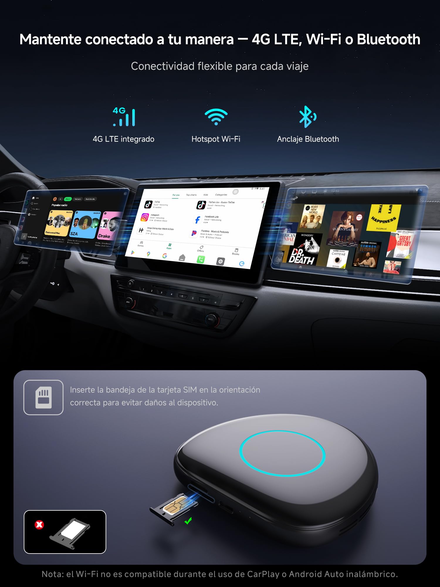 AI Box CarPlay Adaptador Android Auto Inalámbrico - Adaptador CarPlay Inalambrico con 4G, WLAN, BT Dual, USB, AI, GPS, MicroSD, OTA, Integrado 8 GB + 128 GB, CB6D, para Youtube/Netflix/Tarjeta TF