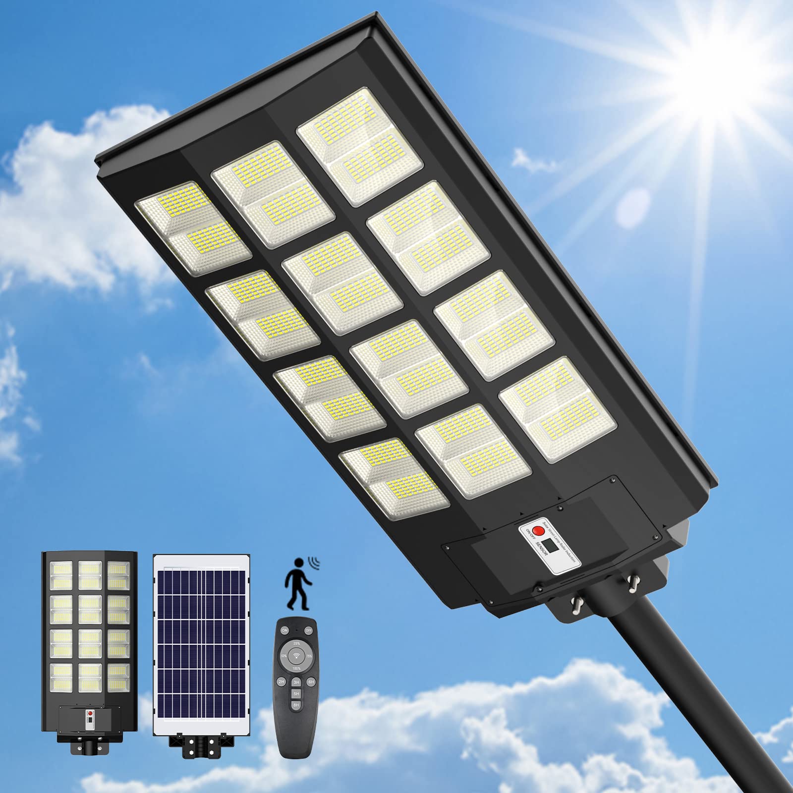 Photo 1 of lamvip 1200W Solar Street Lights Outdoor, Motion Sensor Dusk to Dawn Led Solar Light IP67 Waterproof 120000LM Flood Lights with Remote Control 1125 LED Beads for Parking Lot Yard Garden Patio Walkway 1200 Watts