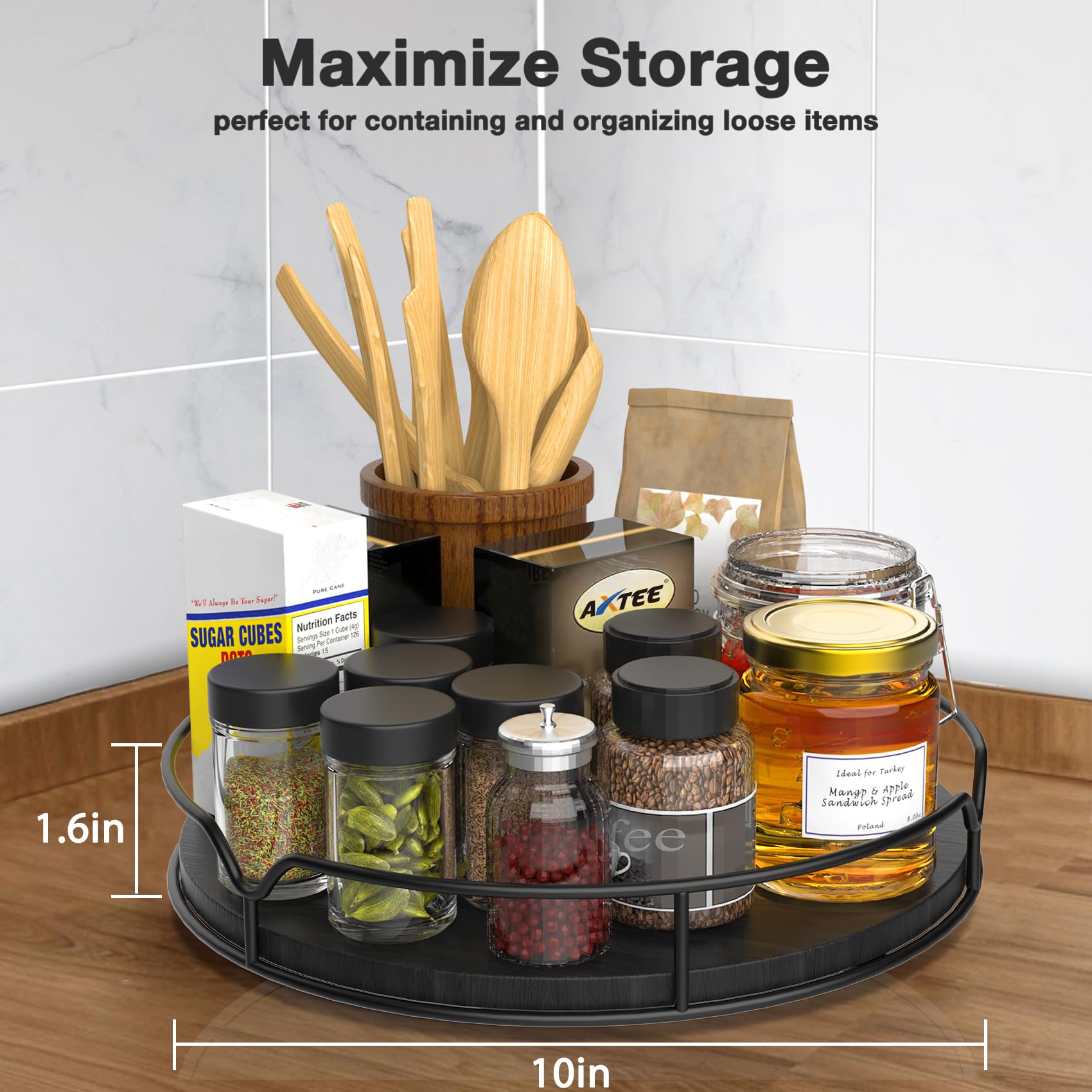 Lazy Susan Drehteller-Organizer für Schrank, 33 cm, schwarz, Speisekammer, Küche, Arbeitsplatte, Kühlschrank, Kiefernholz