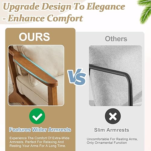 Miniatura 3 de VINGLI Silla decorativa de madera maciza con reposabrazos anchos, silla moderna tapizada de mediados de siglo con almohada, cómoda silla de lectura,