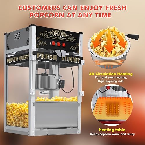 Miniatura 5 de Máquina comercial de palomitas de maíz con carrito, ruedas y hervidor de 20 onzas, máquina para hacer palomitas de maíz estilo vintage, máquina de