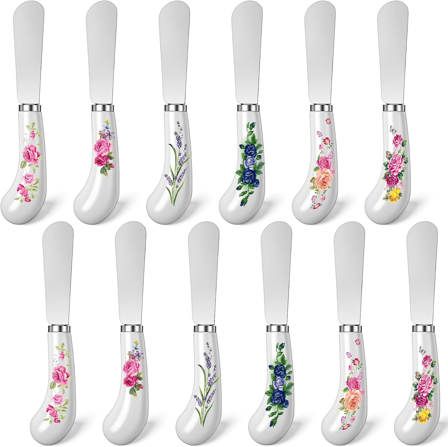 12 Pack Floral Cheese Spreaders 4.95" Stainless Steel Butter Knife with Ceramic Handle for Jam, Pastry, Butter Knife - Holiday Silverware & Festive Kitchen Cutlery (Flowers)